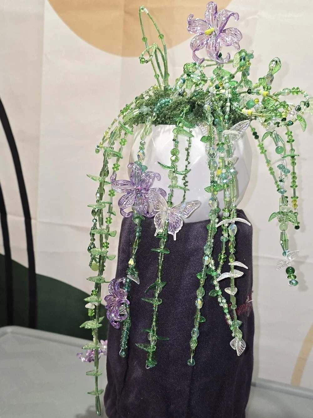 Handmade Glass Bead Floral Hanging Accent - Green and Purple